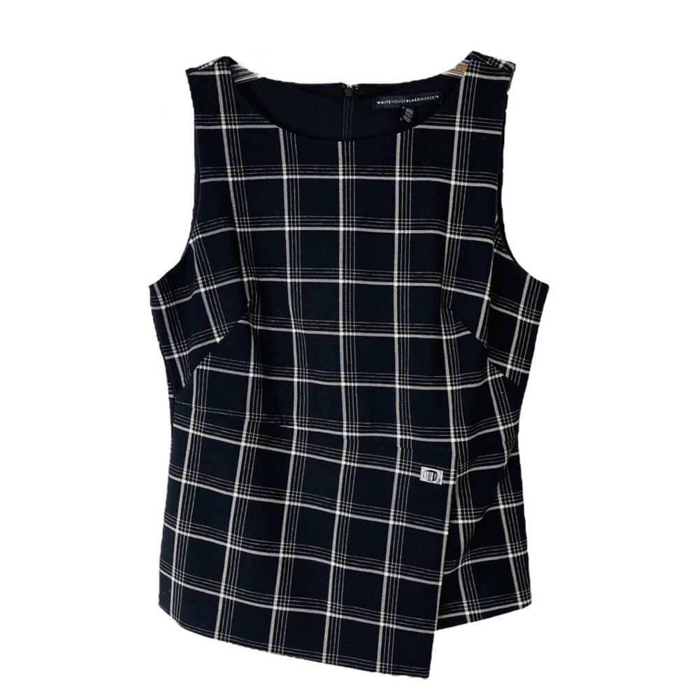 WHBM black white plaid preppy buckle academia office stretchy top 8P